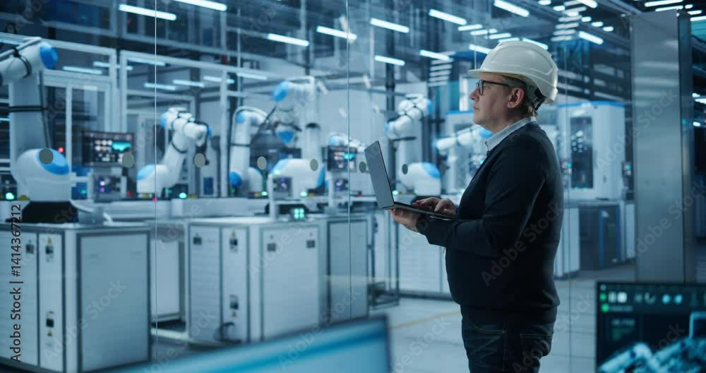 Poster Caucasian Male Engineer in a Hard Hat Using a Laptop Computer to Monitor Robotic Arms in an Advanced Industrial Factory. Specialist Overlooking Modern Automated Electronics Manufacturing