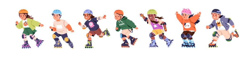 Kids on roller skates. Happy boys and girls rollerblading, skating in safety helmets and knee protection. Children skaters on rollerskates. Flat vector illustration isolated on white background