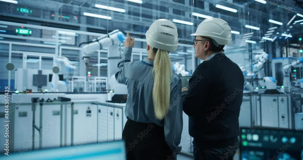 Poster Manufacturing Robot Administrators Programming Work Systems to Execute Production at an Electronics Factory. Back View Footage of a Male and Female Supervising Assembly with a Laptop Computer
