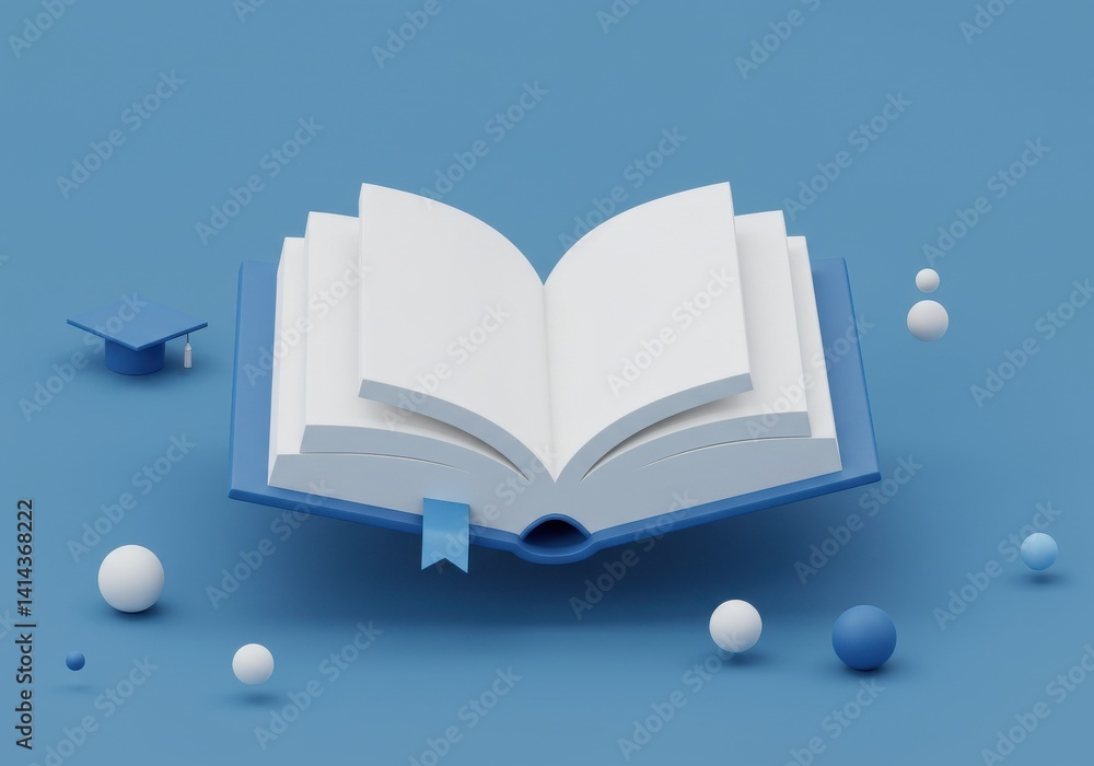 Poster open book with blank pages and graduation cap on a blue background in a stylized render scene