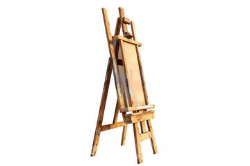 A rustic wooden easel stands gracefully against a bright wall in an artist's studio at sunrise isolated on transparent background