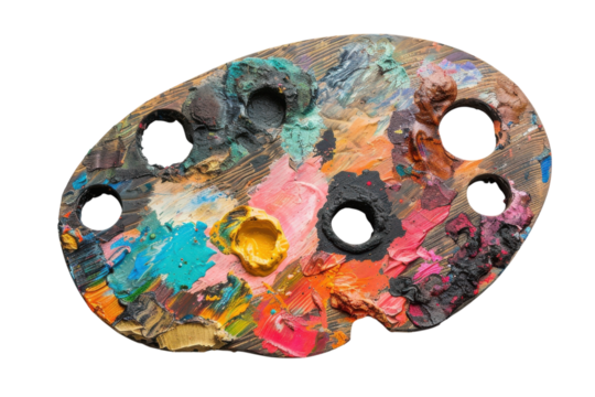 An artist's vibrant palette showcases a burst of colors and textures with remnants of creativity isolated on transparent background