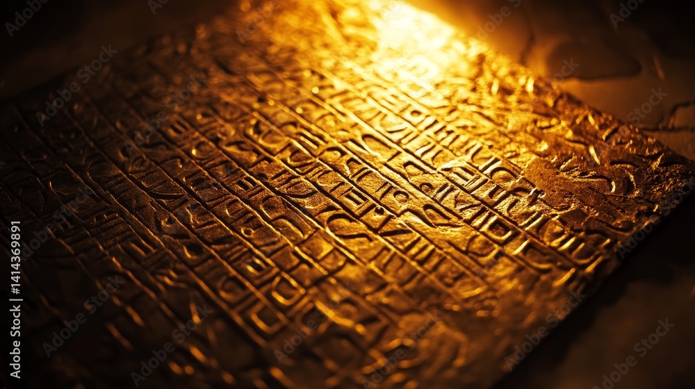 Poster golden textured surface with light shining from above creating highlights and shadows.