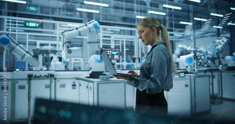 Aufkleber Electronics Factory Manager Working on Laptop at an Industrial Manufacture with Robotic Arms. Female Specialist Monitoring Data on a Computer, Checking and Planning Production Process