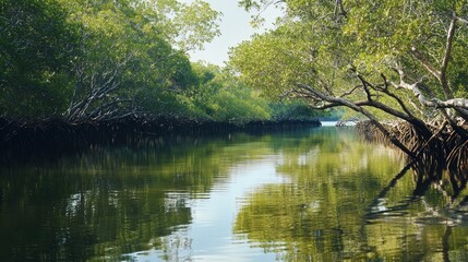 Fototapeta premium River flowing through a lush green mangrove forest with reflections in the water.