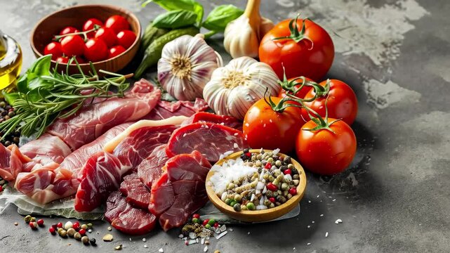 An array of fresh ingredients including different meats, vibrant tomatoes, garlic, herbs, and olive oil arranged on a rustic kitchen countertop, ready for cooking.