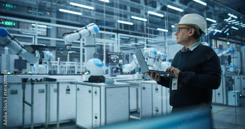 Poster Industrial Systems Administrator Working on Laptop Computer at a Modern Manufacturing Plant. Software Developer Programming the Work of the Robotic Arms, Monitoring Production on the Assembly Conveyor