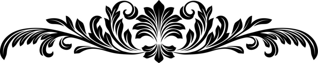 A filigree heraldic crest calligraphic motif, floral pattern horizontal divider design element. Original design in a vintage style.