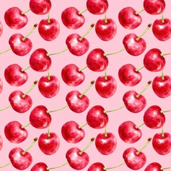 Adorable Sweet Cherry Seamless Watercolor Design in Vintage Style, Perfect for Whimsical and Retro-Inspired Creations