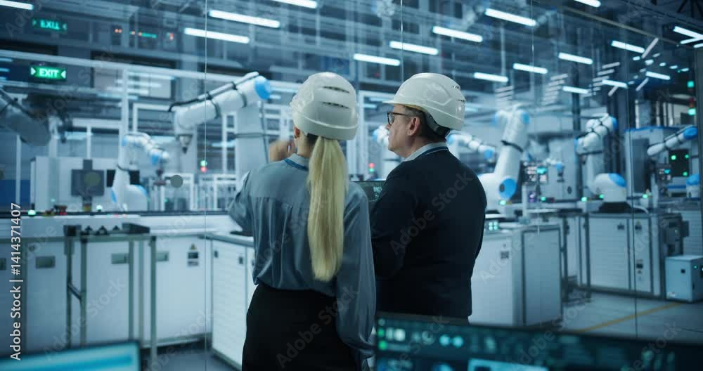 Aufkleber Male Engineer and Female Project Manager Standing Next to an Assembly Line, Talking, Using Laptop and Monitoring Production at a Modern Automated Electronics Manufacture with Robotic Arms. Back View