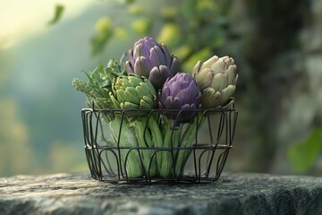 Obraz premium Fresh artichokes in a rustic wire basket, bathed in soft morning light.
