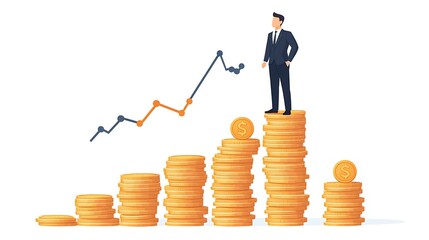 Businessman standing atop increasing stacks of coins, signifying financial growth and success.  A rising trend graph complements the image, highlighting progress