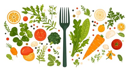 Fresh, colorful, and healthy assortment of vegetables and herbs arranged around a fork