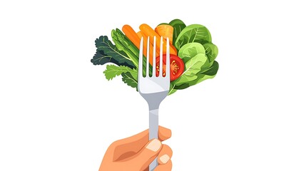 Forkful of colorful fresh vegetables.  A hand holds a fork with a variety of colorful, healthy vegetables including carrots, tomatoes, and greens.  A delicious and nutritious meal