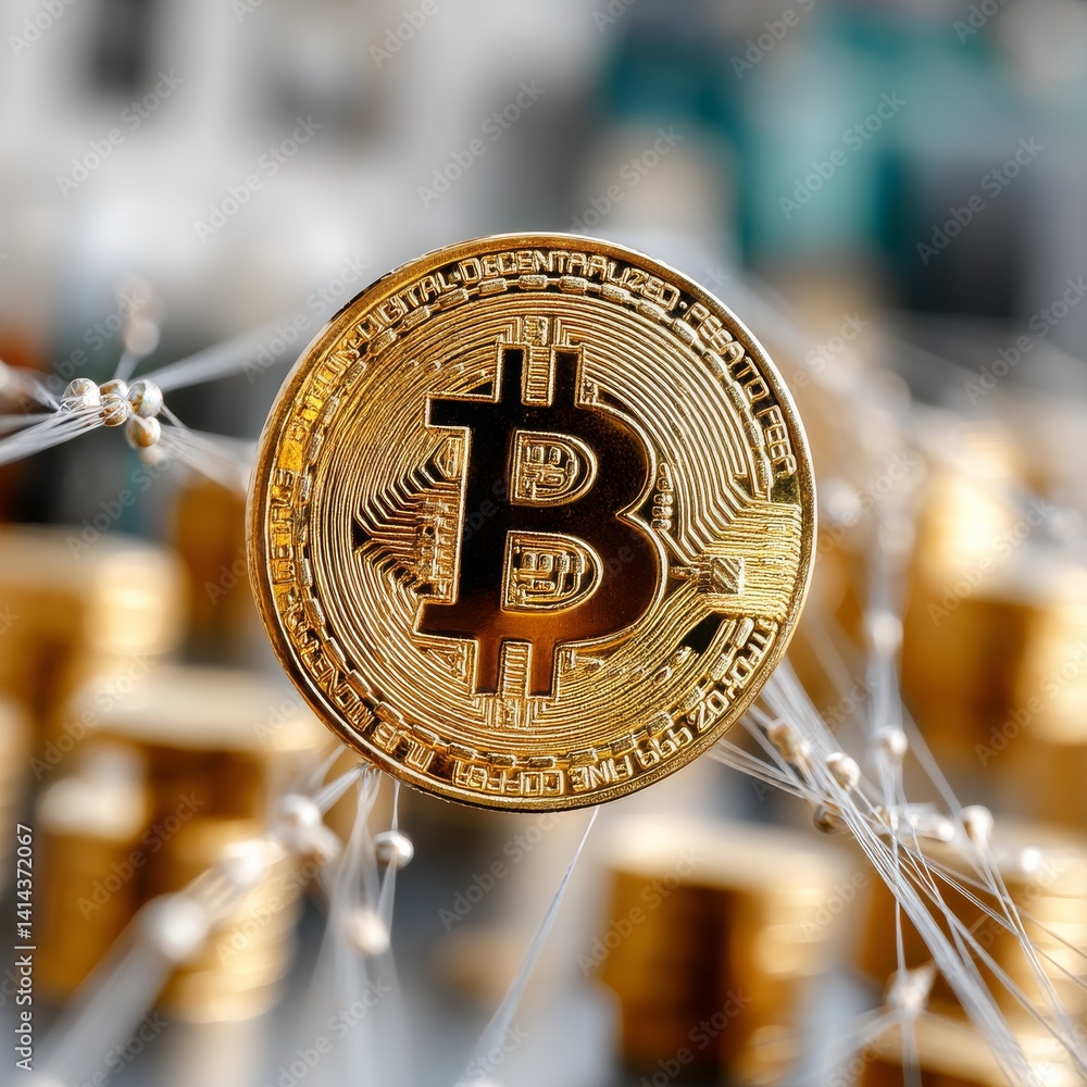Leinwandbilder golden bitcoin coin centered on a network, representing cryptocurrency and blockchain technology