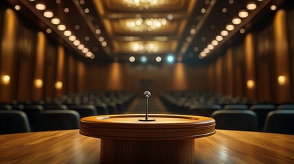 Obraz premium A podium in a corporate boardroom, with executives preparing for an important company announcement