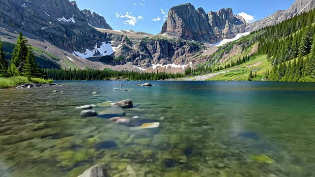 The tranquil lake showcases crystal-clear waters with visible pebbles, surrounded by towering mountains and vibrant greenery under a bright blue sky.
