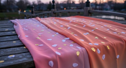 Obraz premium Fabric Drape with Petals on Wooden Surface with Dusk Background