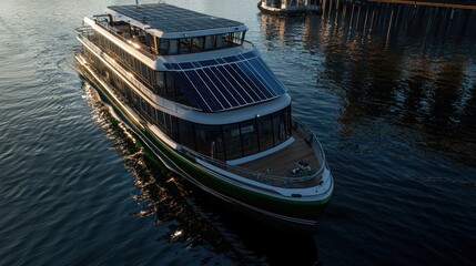Obraz premium Solar-powered riverboat cruising on calm water at dawn, docks in background