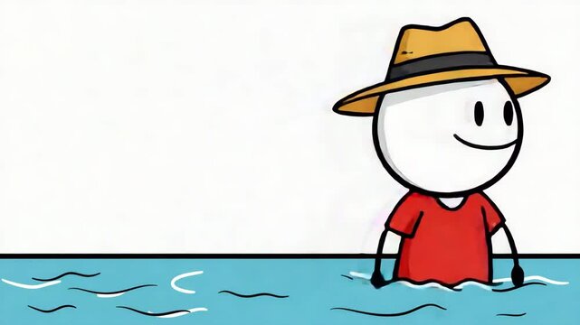 Happy Stick Figure Wading in Calm Water, Wearing a Fedora