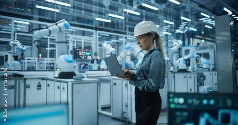 Poster caucasian female engineer in a hard hat using a laptop computer to monitor robotic arms in an advanc