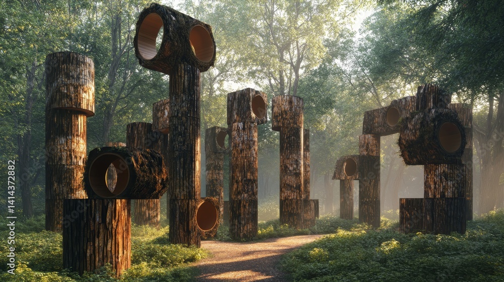 Poster stone structures stand in a forest clearing with sunlight filtering through the trees.