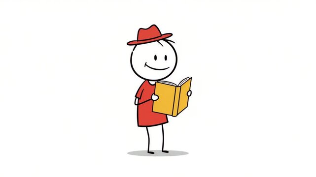 Stick Figure in Red Dress Reading Yellow Book, Simple Illustration