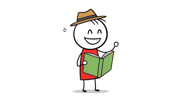 Joyful Stick Figure Reading a Green Book in a Fedora Hat