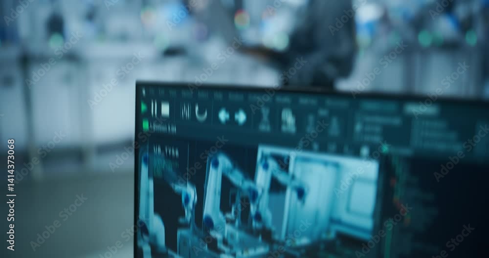 Poster Computer Monitors Display Robotic Operations and Data Analytics. Female Engineer in a Hard Hat Working in an Industrial Facility, Using Laptop Computer to Monitor Robotic Arms in a Futuristic Factory