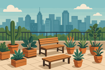 Naklejka premium A city rooftop features a flat green living scene with various plants on display