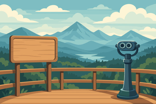 A mountain trail viewpoint is depicted in a flat travel scene