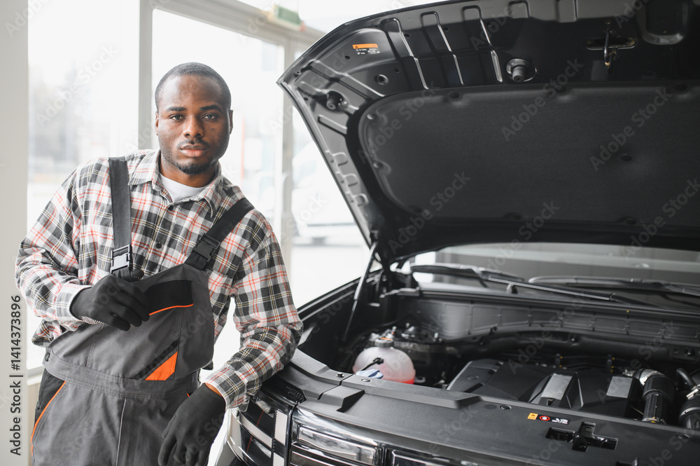 Poster auto mechanic performing a routine service inspection in a service garage