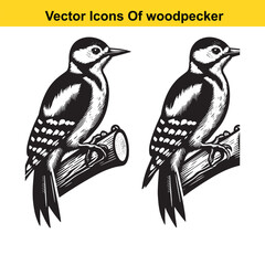 Woodpecker Vector Line Art – Flying and Perching Bird in Natural Poses, Black and White Outline Illustration