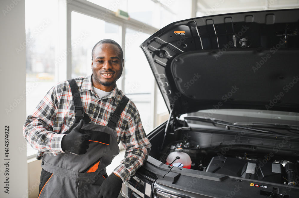 Poster auto mechanic performing a routine service inspection in a service garage