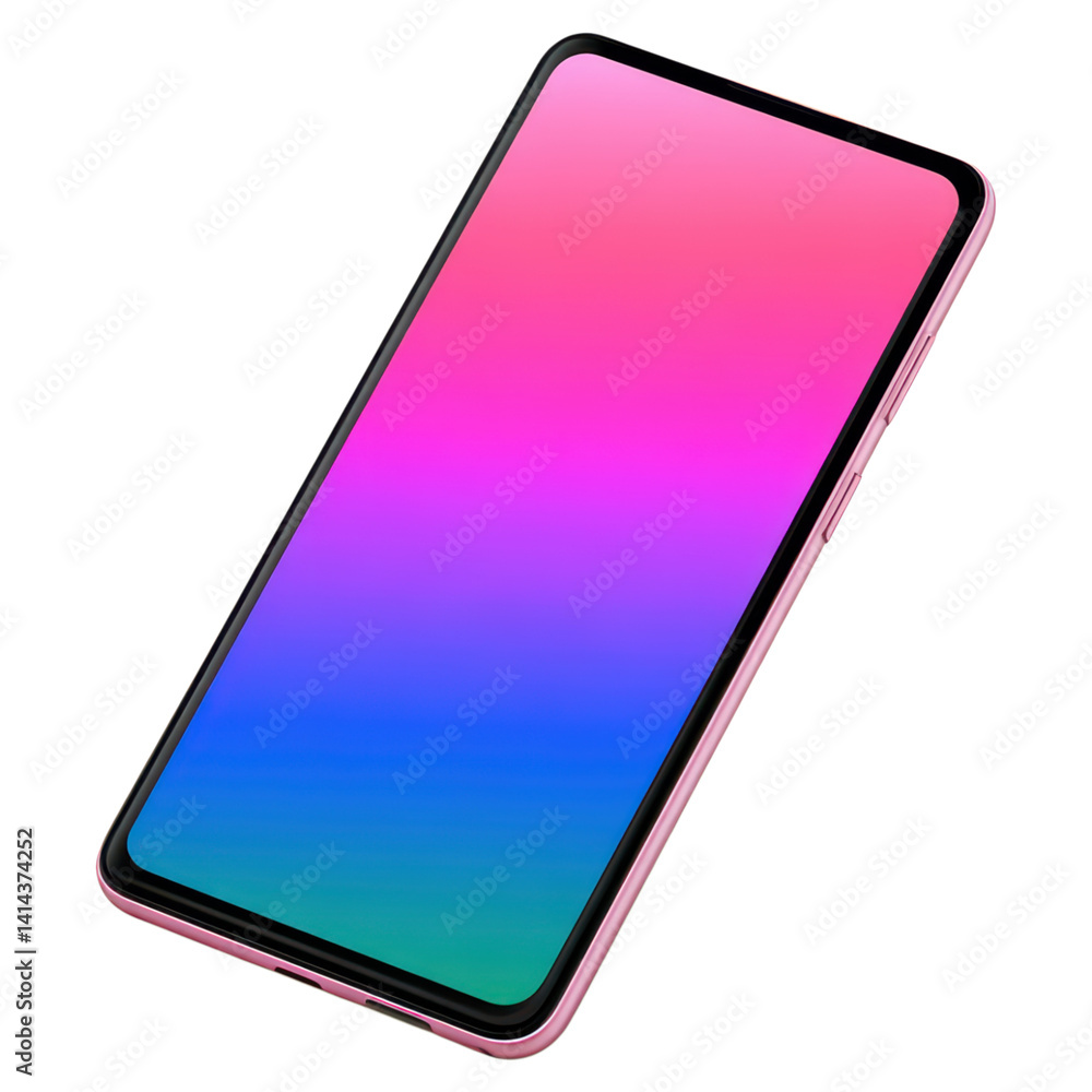 Poster modern smartphone with vibrant gradient display on a white background, isolated on transparent backg
