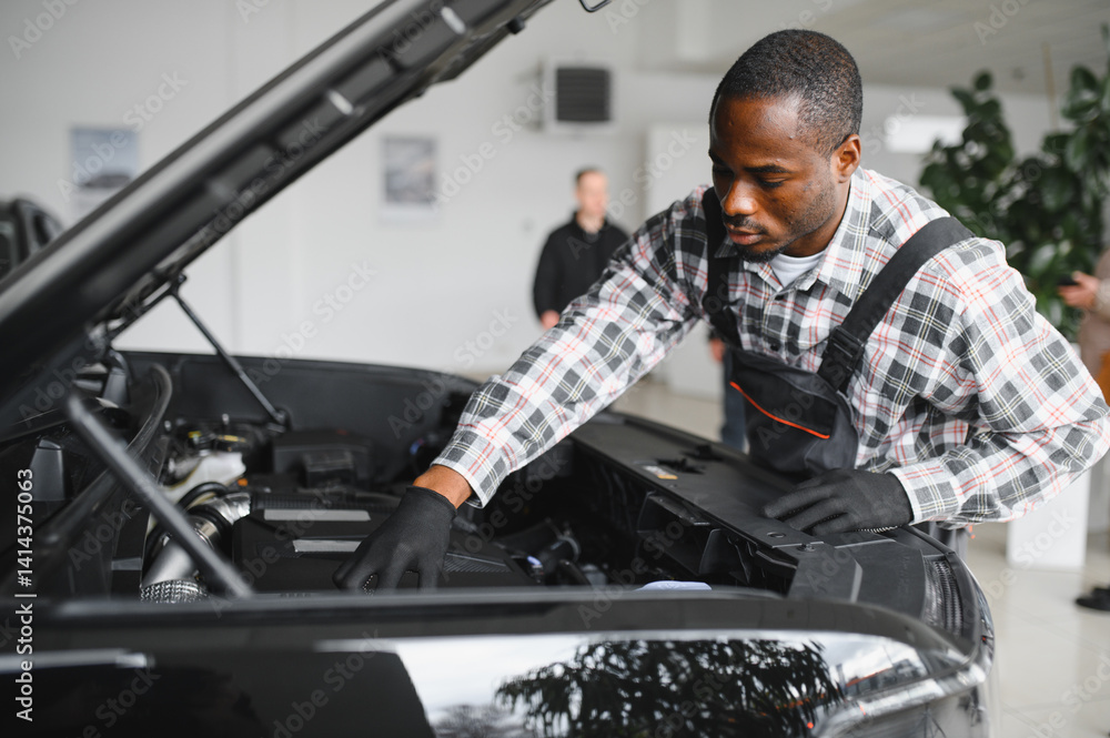 Poster Auto mechanic performing a routine service inspection in a service garage