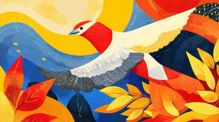 Obraz premium Vibrant colorful artistic illustration of a flying bird surrounded by bold abstract nature elements with a bright cheerful atmosphere and intricate detailed design