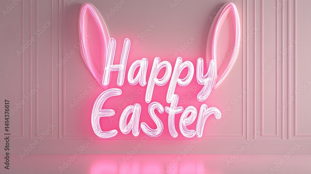 Poster charming 3d bunny ears emerging from side wall with glowing happy easter text illuminating the scene
