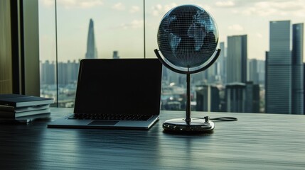 Office workspace with globe and laptop overlooking city skyline modern business environment inspirational view