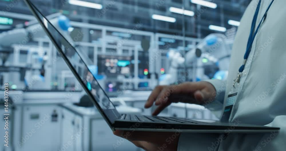 Fototapete Close Up of an Anonymous Engineer Using a Laptop Computer to Monitor Robotic Arms in an Advanced Industrial Factory. Specialist Overlooking Modern Automated Electronics Manufacturing
