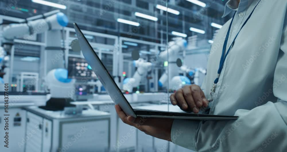 Poster Electronics Factory Manager Working on Laptop at an Industrial Manufacture with Robotic Arms. Anonymous Male Specialist Monitoring Data on a Computer, Checking and Planning Production Process
