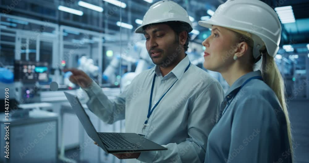 Poster Diverse Industrial Engineers in Hard Hats Analyze Robotic Systems Using a Laptop Computer on a Factory Floor. Young Indian Specialist and Female Technician Having a Discussion About the Assembly Line