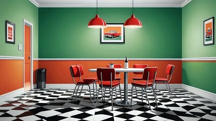 Retro style dining room with red chairs, green walls, and black-white checkered floor under pendant lights. Interior design concept
