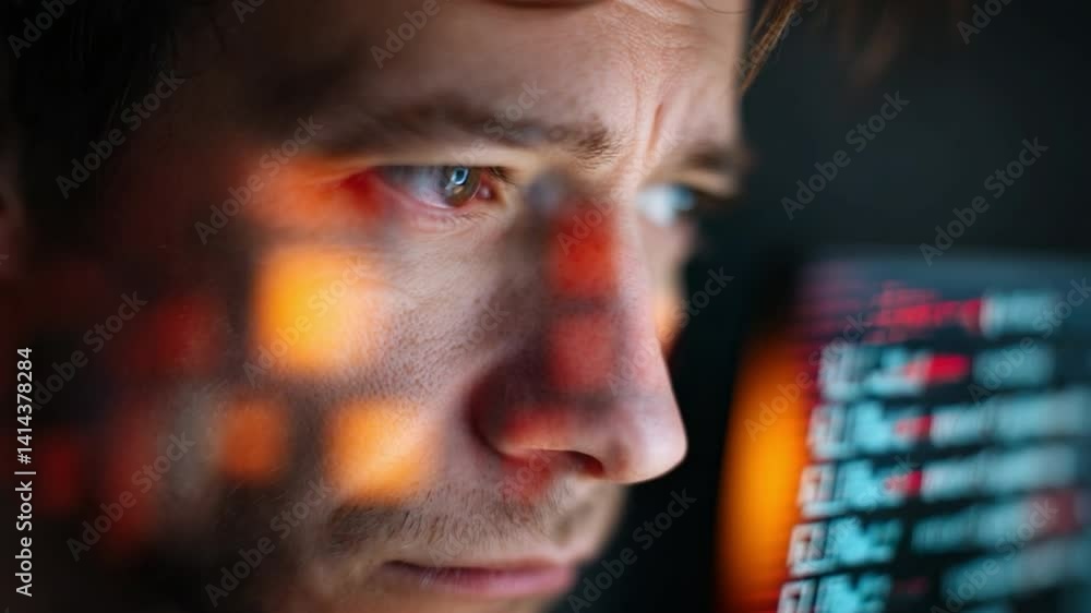 Poster code and concentration: a software developer focused on the complex code on his screen, bathed in th
