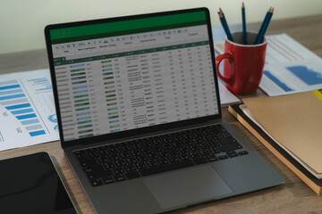 A professional analyst uses digital software and spreadsheets to present finance data, charts, and...