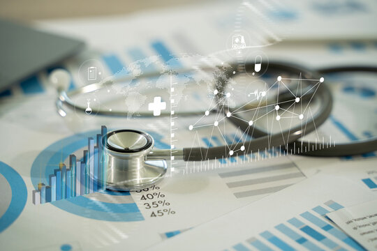 Doctor's workplace stethoscope with virtual electronic medical record of patient digital interfaces to connect data in healthcare
