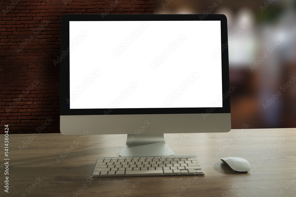 Poster laptop with blank screen on table. workspace background new project on laptop computer with blank co