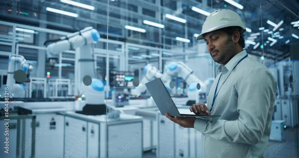 Poster Indian Engineer Working in a High Tech Factory with Robotic Arms Assembling Electronic Components on a Production Line Conveyor Belt. South Asian Man Using Laptop in a Modern Manufacturing Facility