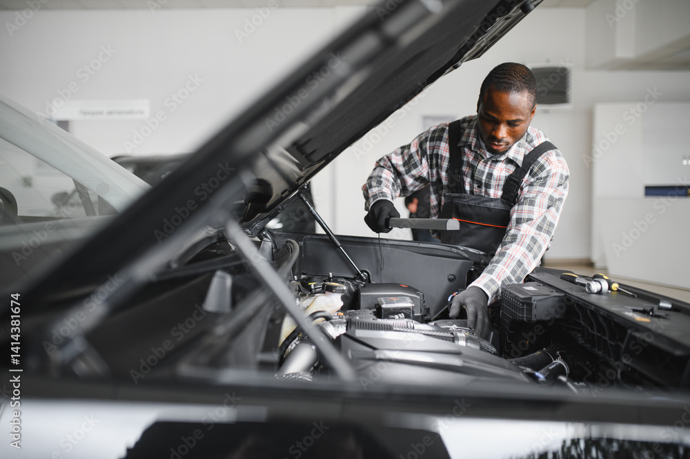 Poster auto mechanic performing a routine service inspection in a service garage