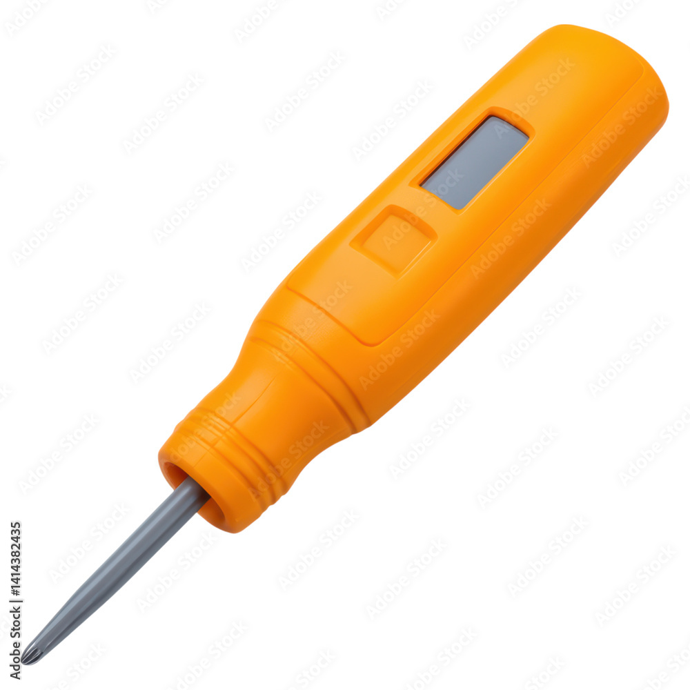 Poster orange screwdriver with digital display for precision work, isolated on transparent background.